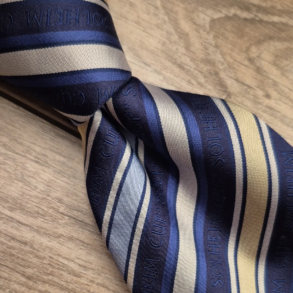 SOLHEIM CUP x Bowler & Blake Navy Beige Blue Striped Logo Mens Silk‎ Tie